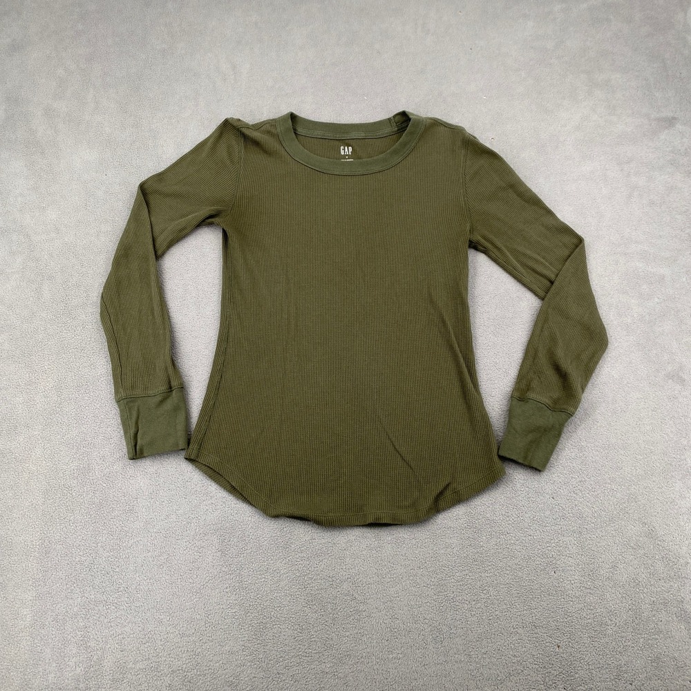 GAP Womens Small Olive Green Waffle Knit Long Sleeve Thermal Crew Neck Top